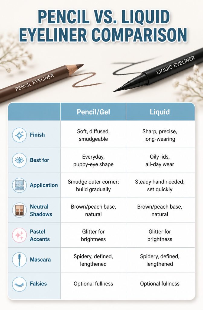 A comparison of pencil and liquid eyeliners on a minimalist background.