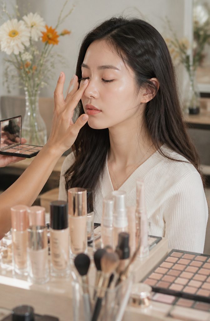 A makeup artist applying concealer under a model's eye in a chic studio.
