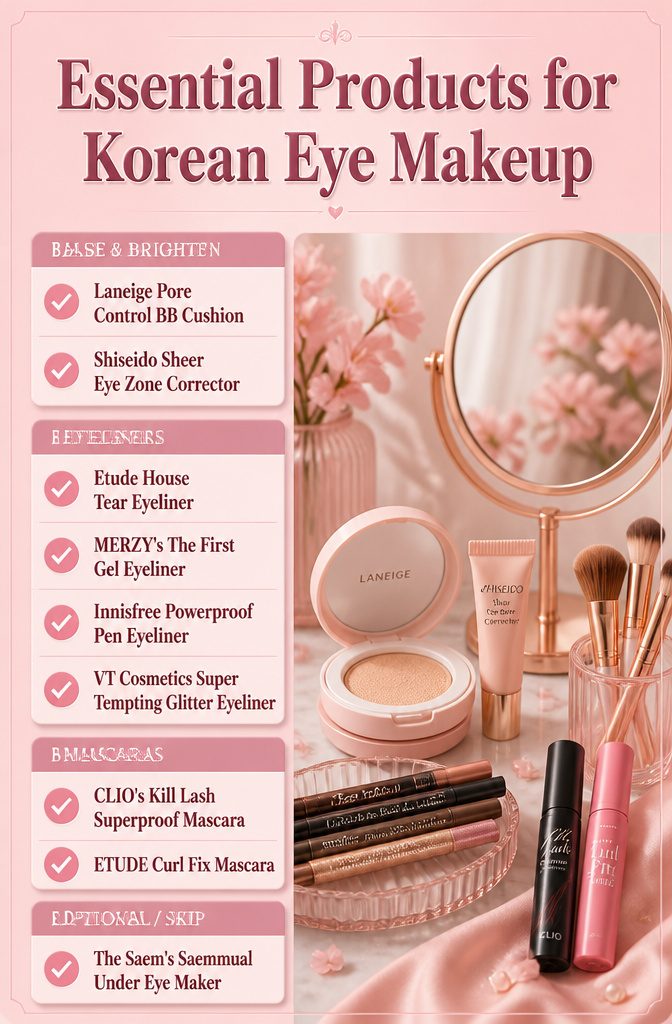 An array of recommended products for Korean eye makeup displayed on a table.