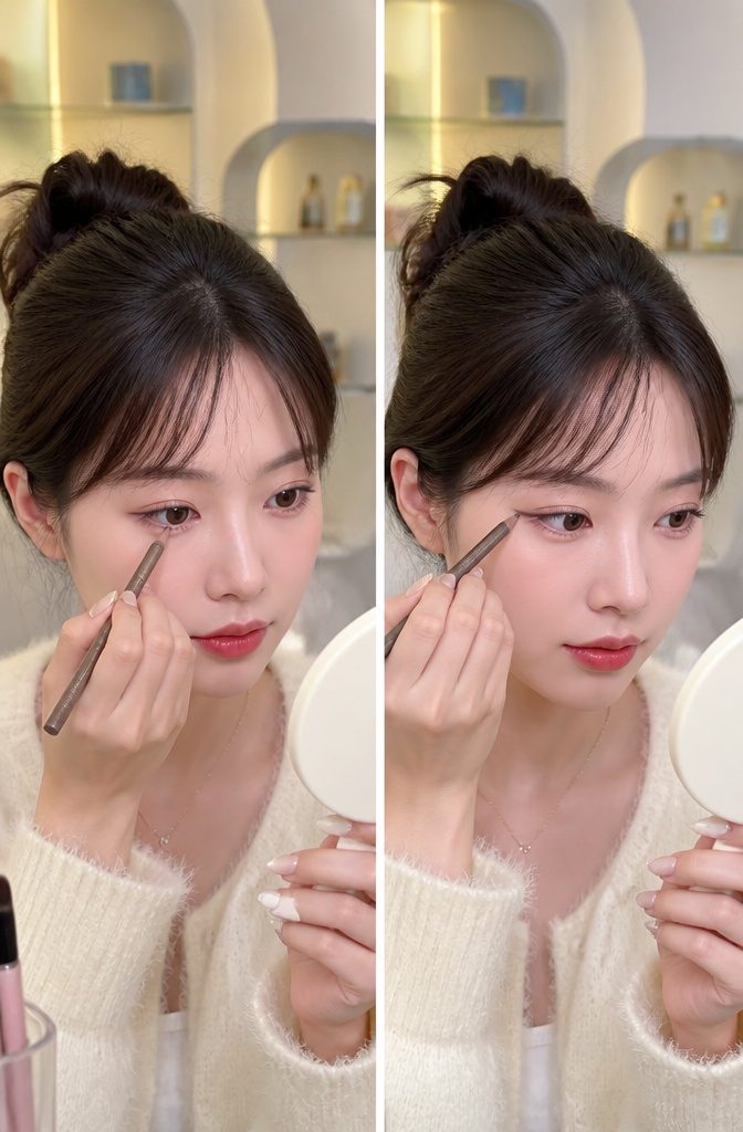 A model demonstrating the puppy eye look with softly drawn eyeliner.