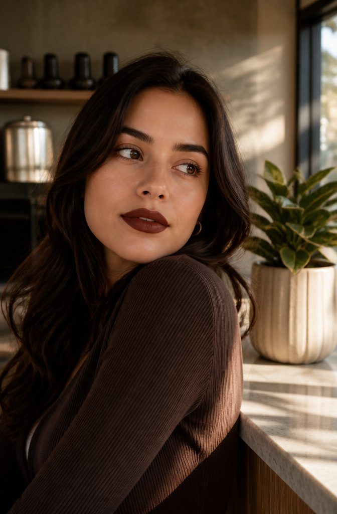 Makeup No Lashes Looks: How to Style Eyes Without Falsies 3 Model wearing a bold brown lipstick and minimal eye makeup.
