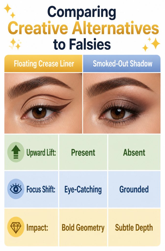 Makeup No Lashes Looks: How to Style Eyes Without Falsies 10 Comparison of various eye makeup styles without false lashes.