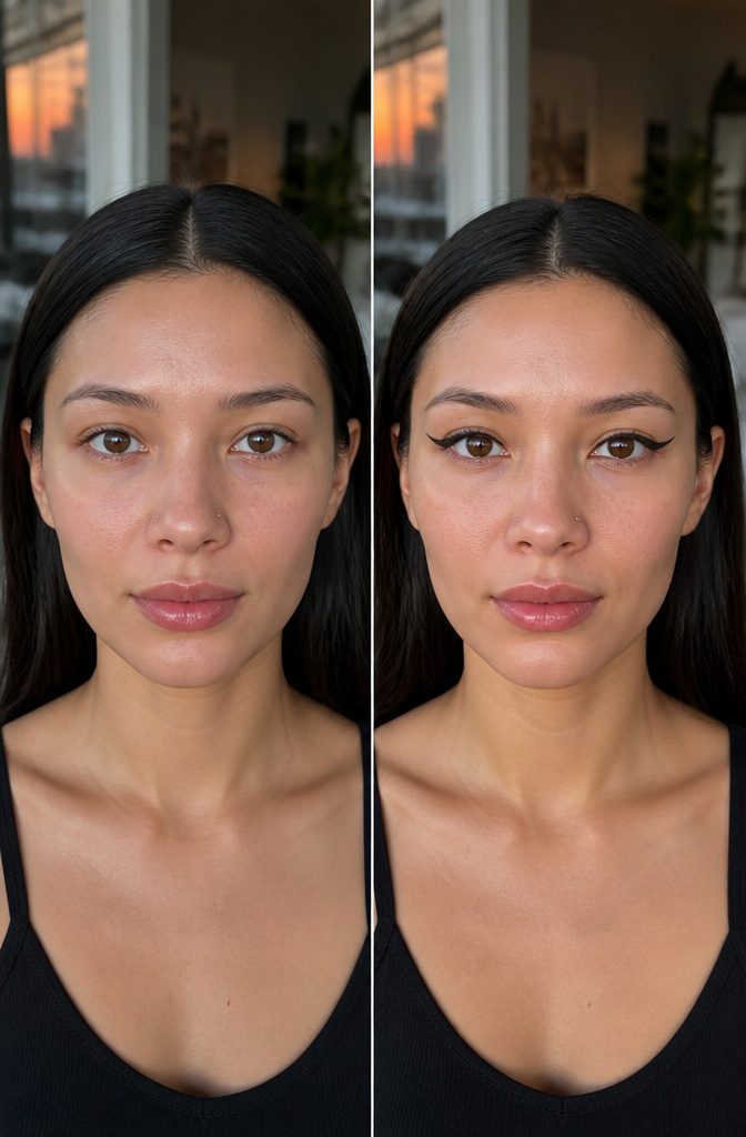 Makeup No Lashes Looks: How to Style Eyes Without Falsies 4 Model with a sharp winged eyeliner and floating crease line.
