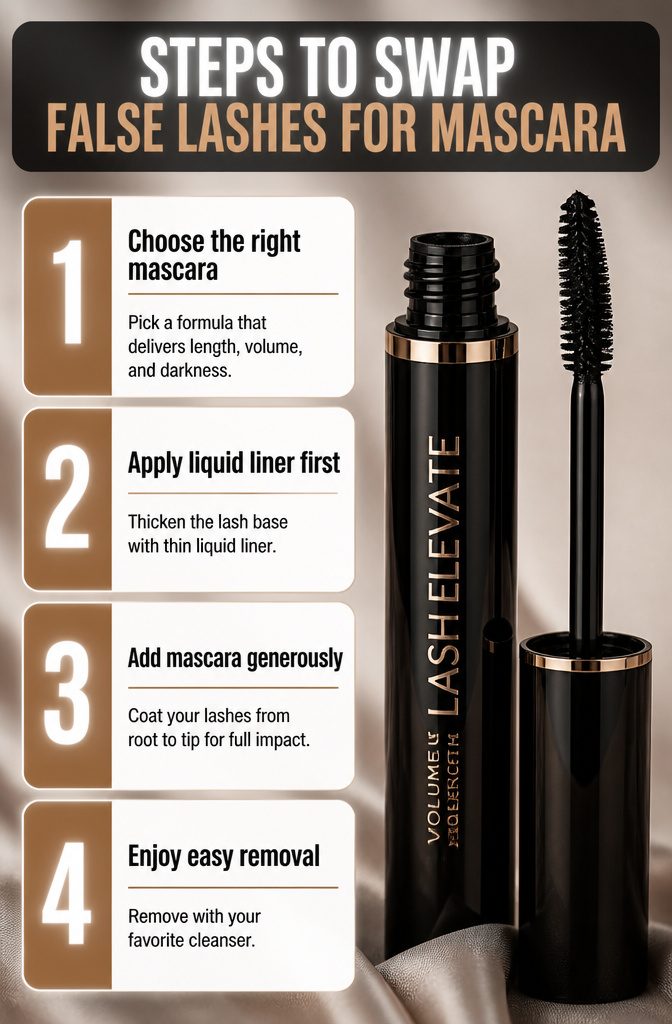Makeup No Lashes Looks: How to Style Eyes Without Falsies 9 Steps illustrating how to swap false lashes for mascara.