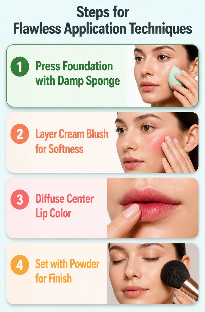 Information graphic on flawless application techniques for makeup.