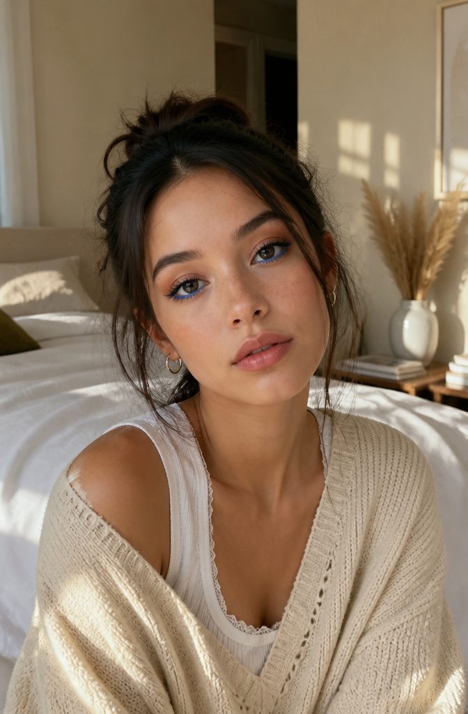 Model featuring electric blue liner on her waterline.