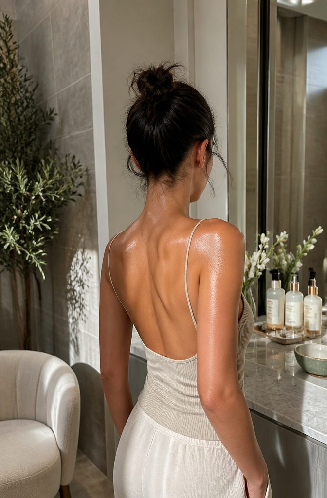 Model with dewy glass skin finish in a beauty studio.