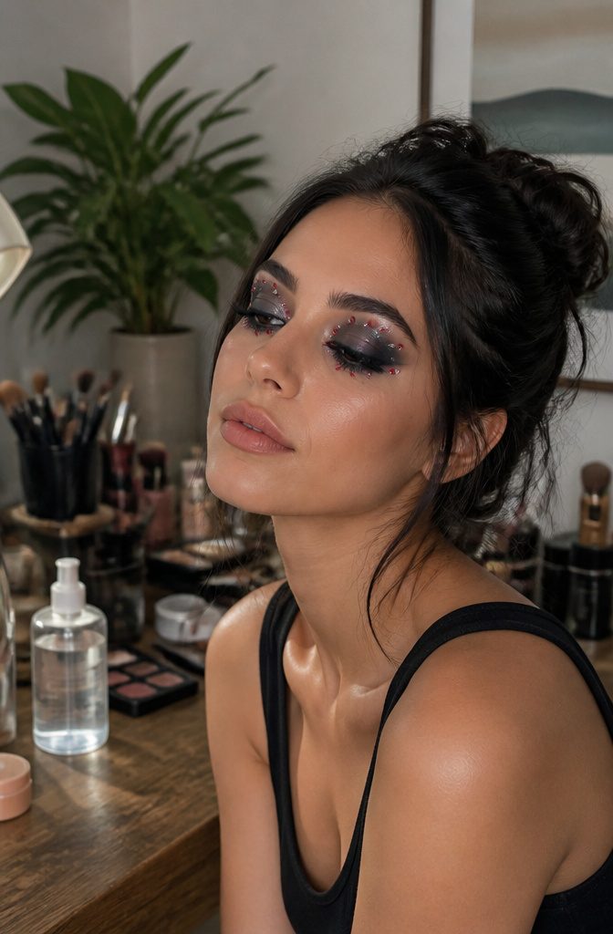 Model with smoky eye makeup adorned with silver studs and red gems.