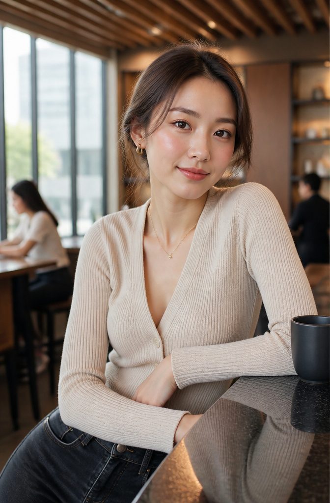 Model showing flushed high-placement blush in a coffee shop.