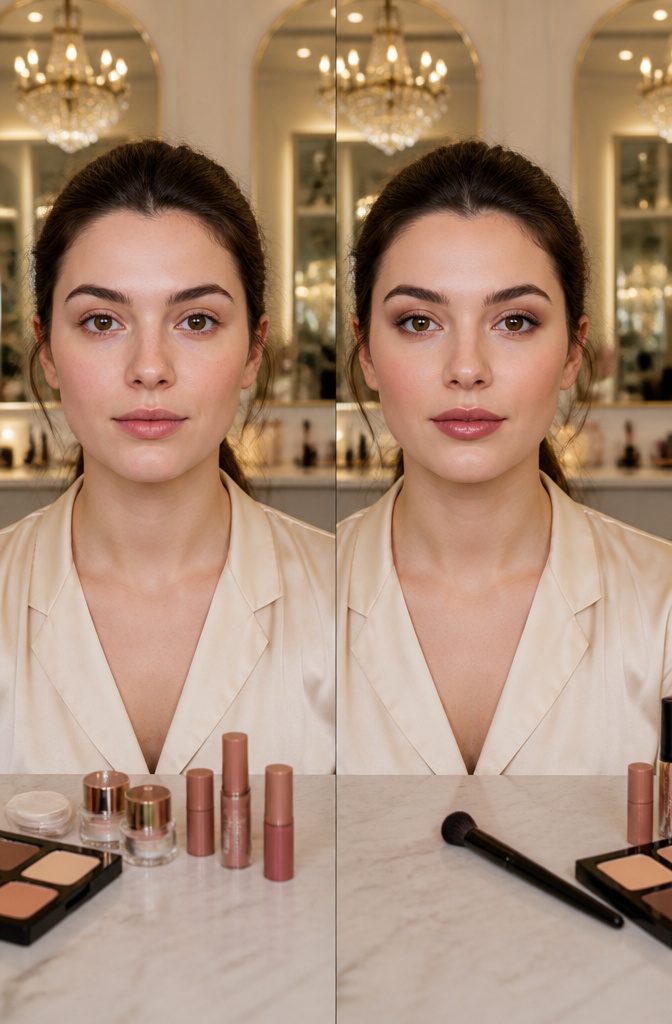 Model with softly contoured lips and gradient effects.