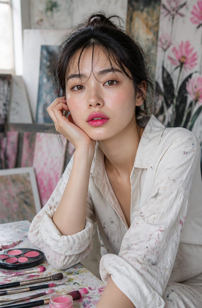 Model wearing bright lipstick with a blurred lip technique.