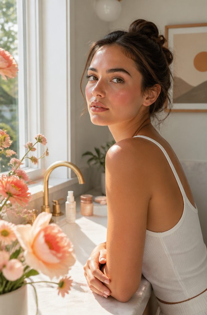 Model displaying vibrant watercolor blush on her cheeks.