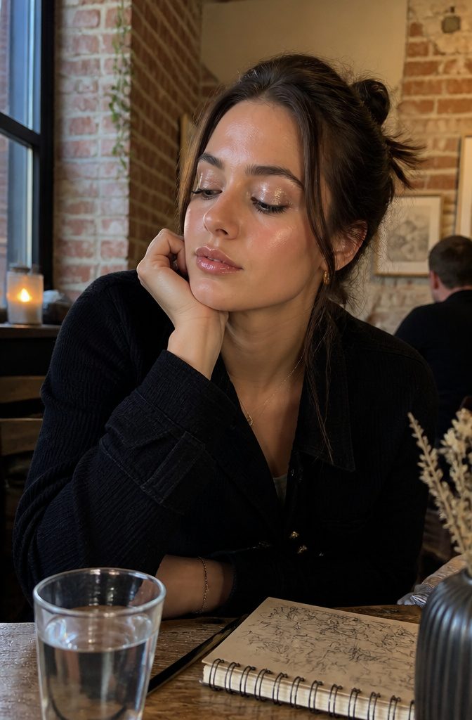 Model showcasing shimmering eye makeup in a chic café.