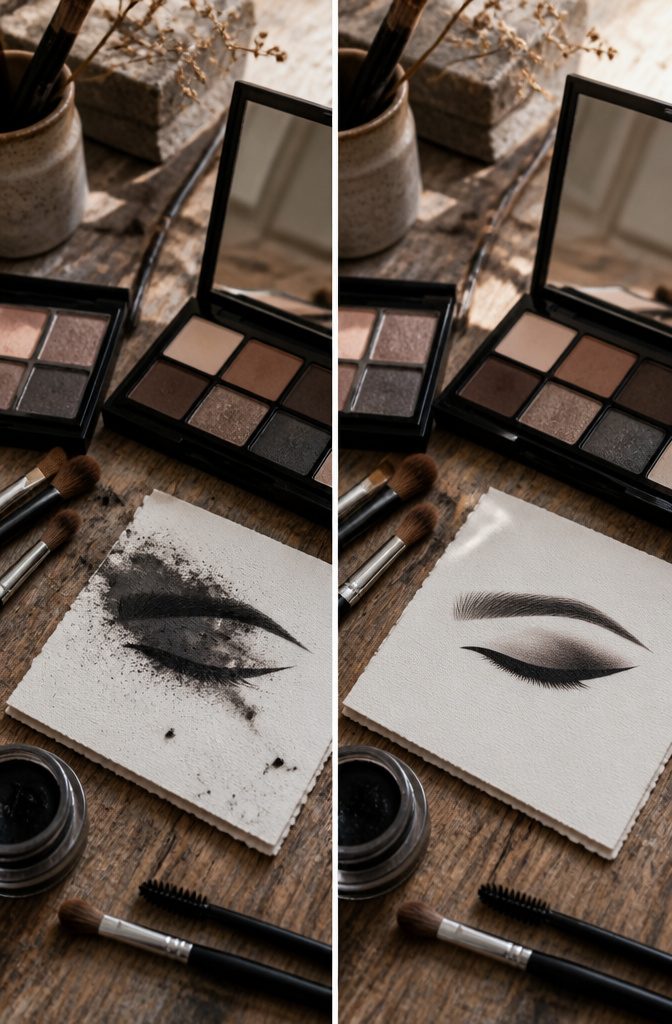 Close-up of model's eyes featuring smoky winged eyeliner.