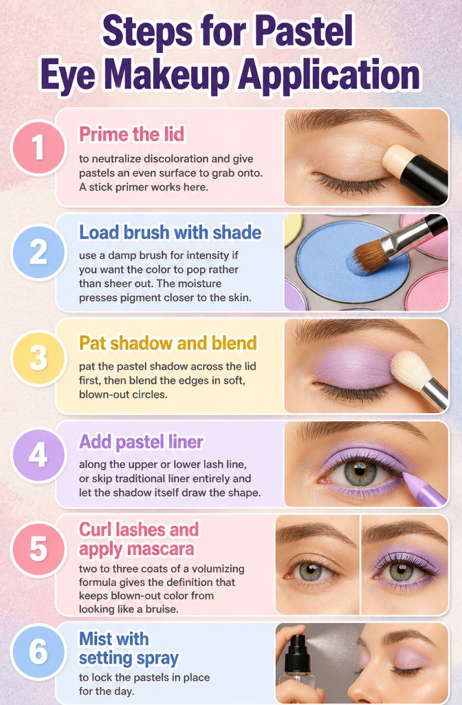 Illustrated steps for applying pastel eye makeup.
