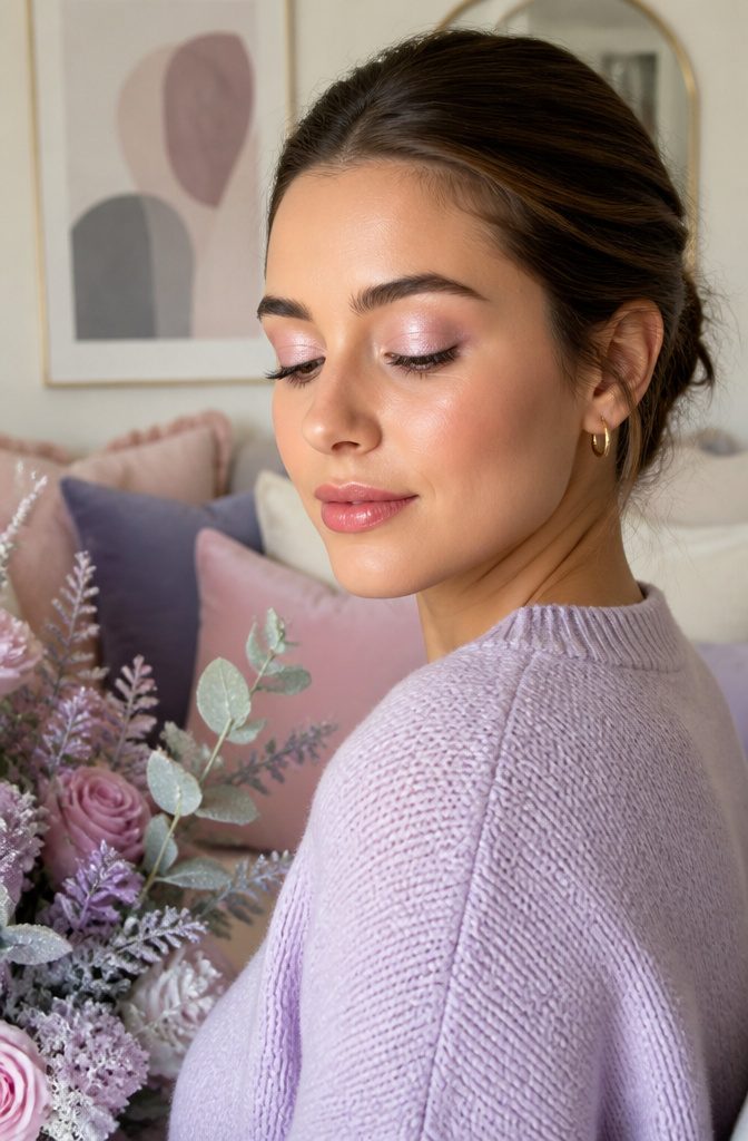 Model with frosted pastel eyeshadow in a chic, textured environment.