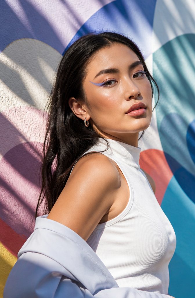 Model with graphic pastel eyeliner in a vibrant urban setting.