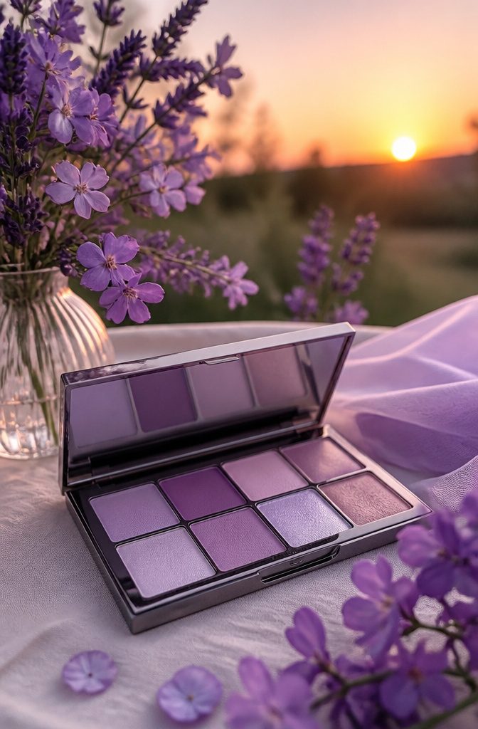 Model with lavender pastel eyeshadow in a tranquil garden setting.