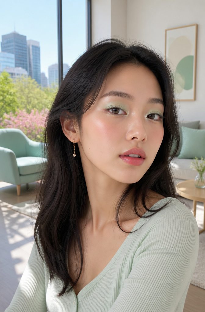 Model with mint green pastel eyeshadow in a light-filled studio.