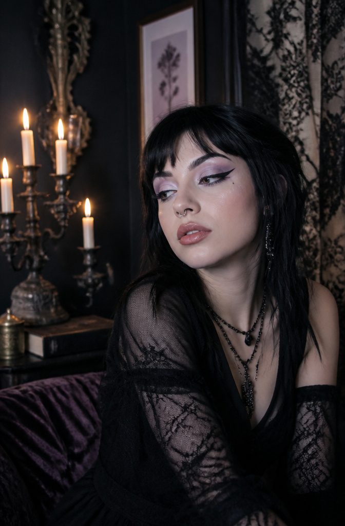 Model with pastel goth makeup in a moody candlelit atmosphere.