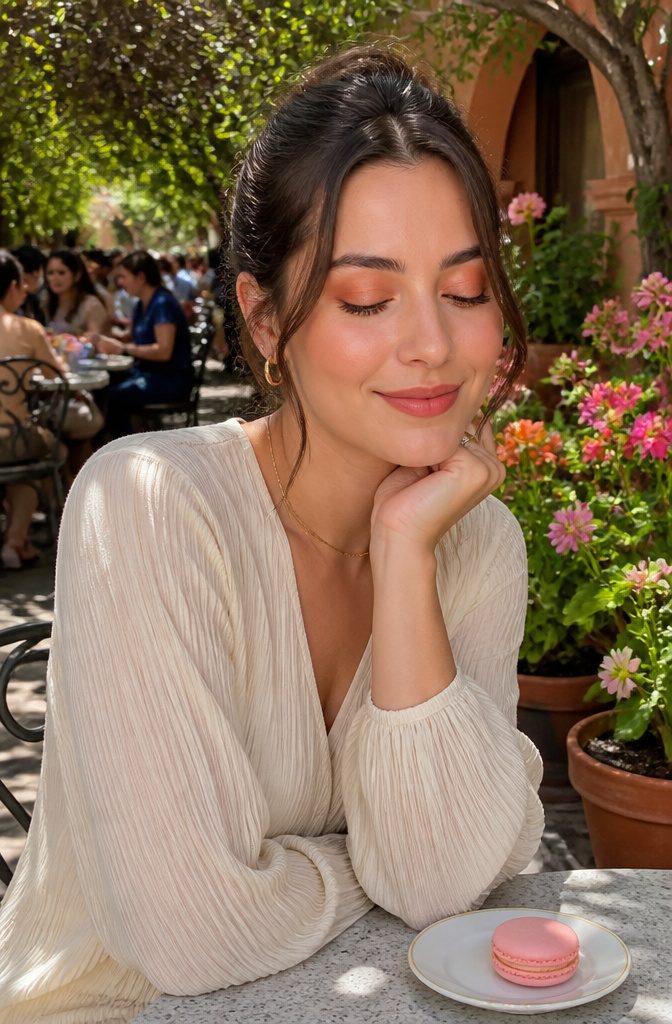 Model with peach pastel eyeshadow surrounded by colorful flowers.