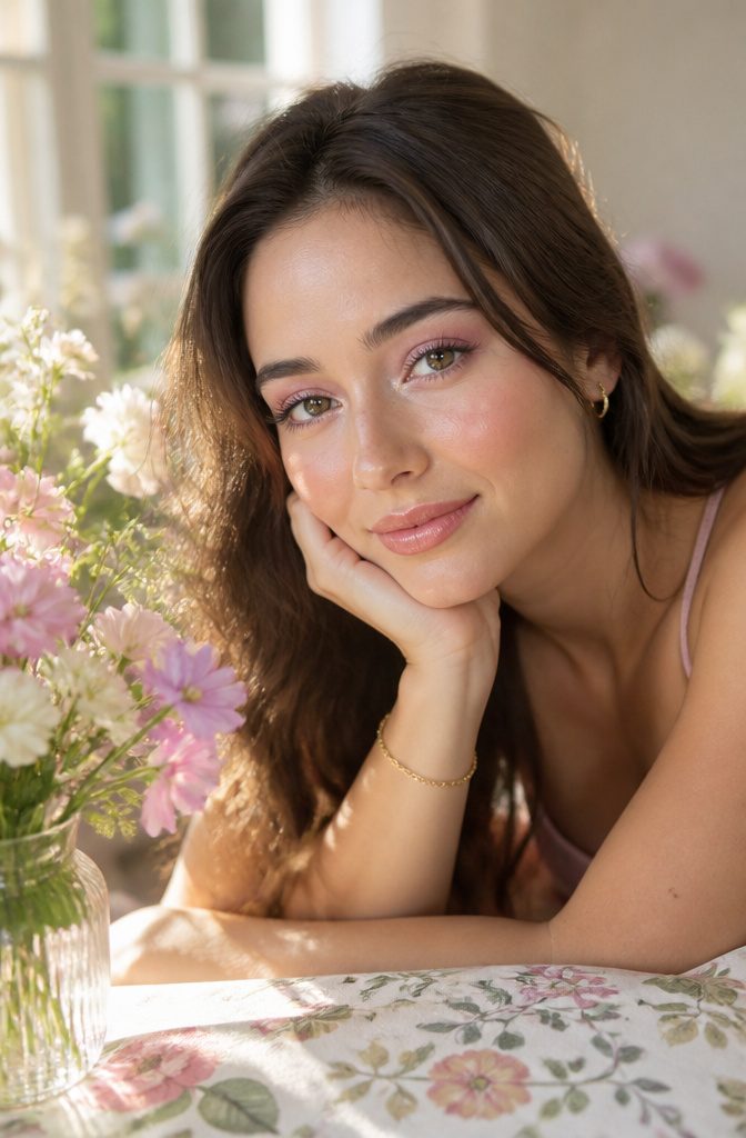 Model with soft pink pastel eyeshadow and pearlescent shimmer.