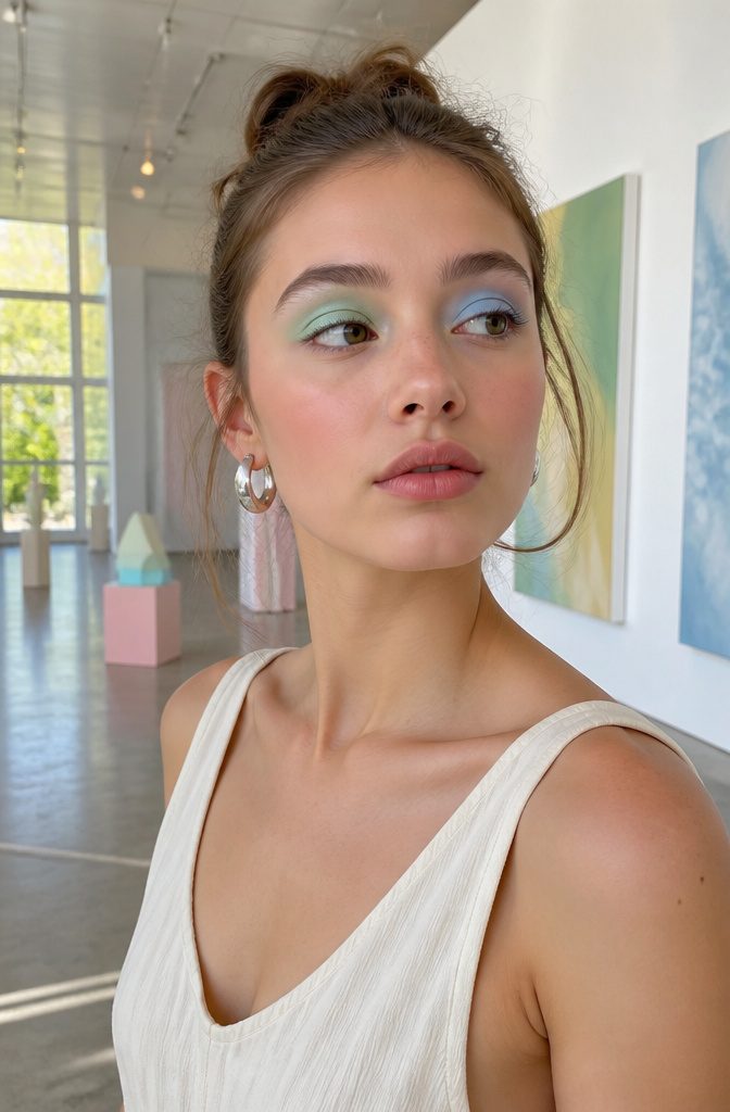 Model with mint green and baby blue pastel eyeshadow in an art gallery.