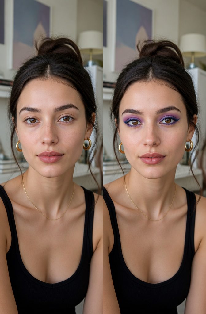Model with blue and purple eye makeup.