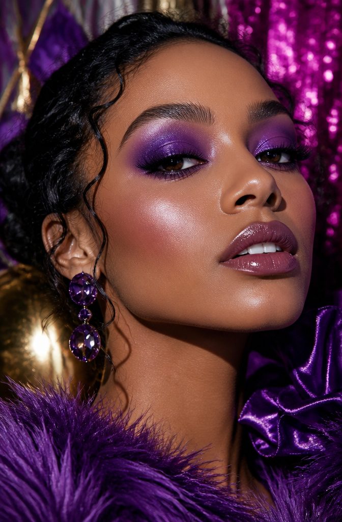 Model with dramatic saturated purple eye makeup.