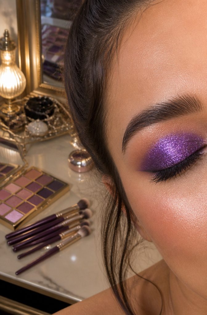 Model with glittery purple eye makeup.