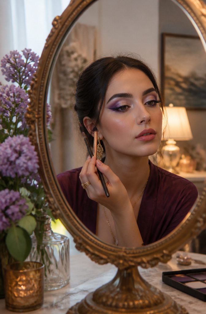 Model displaying a cut crease purple eye makeup.