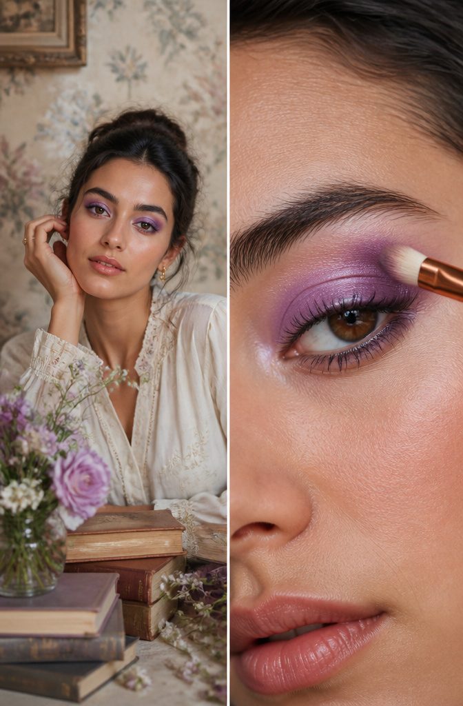 Model with luminous purple eye makeup.