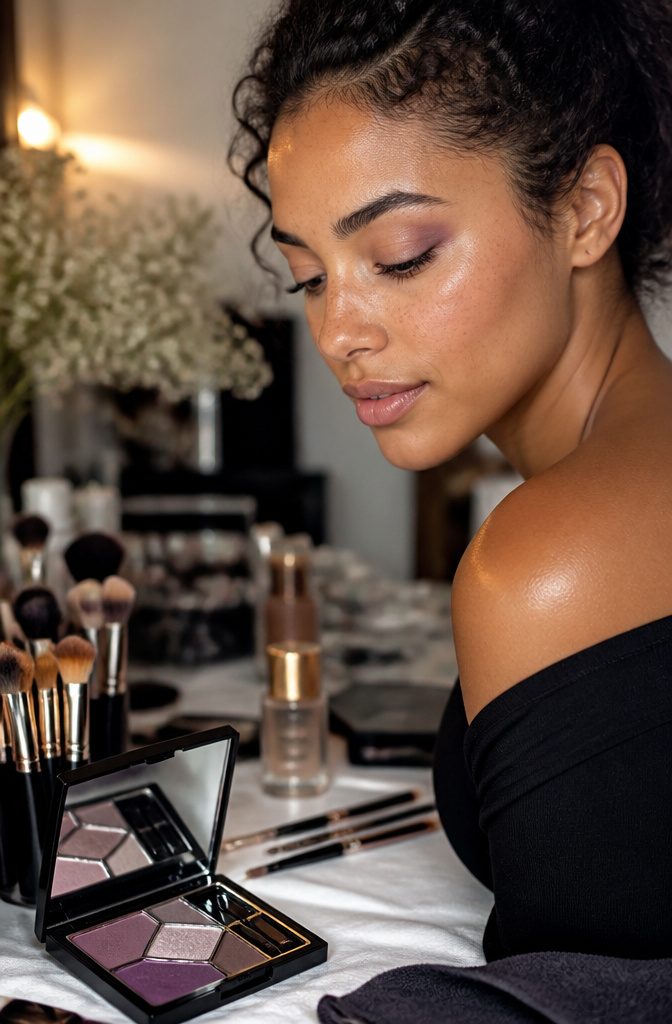 Model with a hint of grape purple eye makeup.