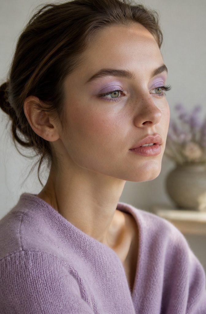 Model with a subtle lavender eye makeup look.