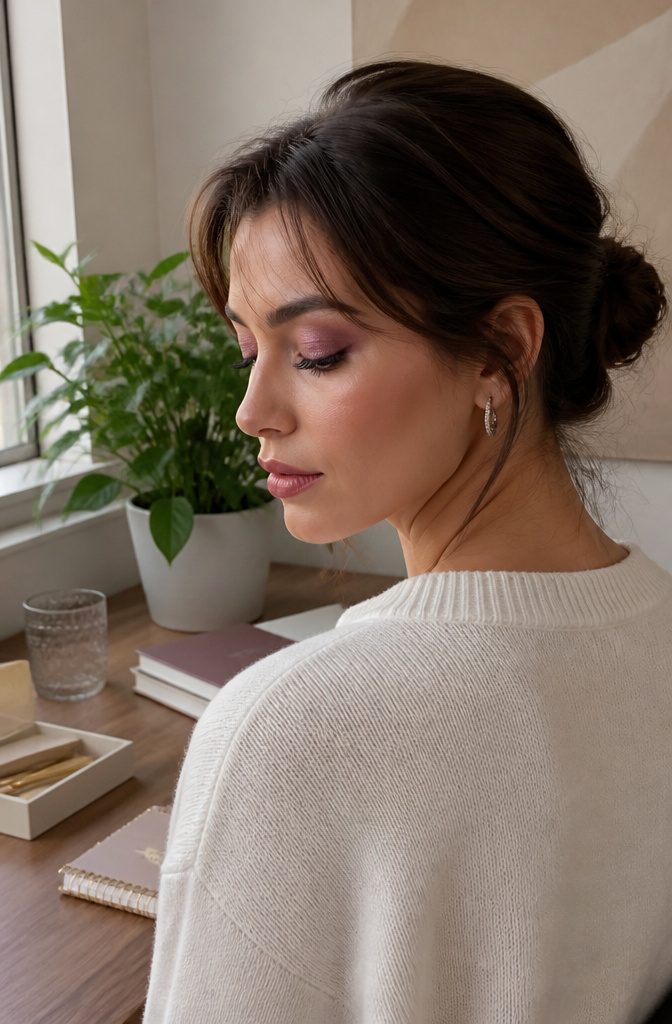 Model showcasing a minimal mauve eye makeup.