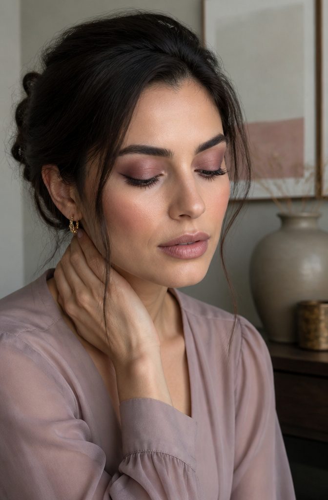 Model with muted mauve eye makeup.
