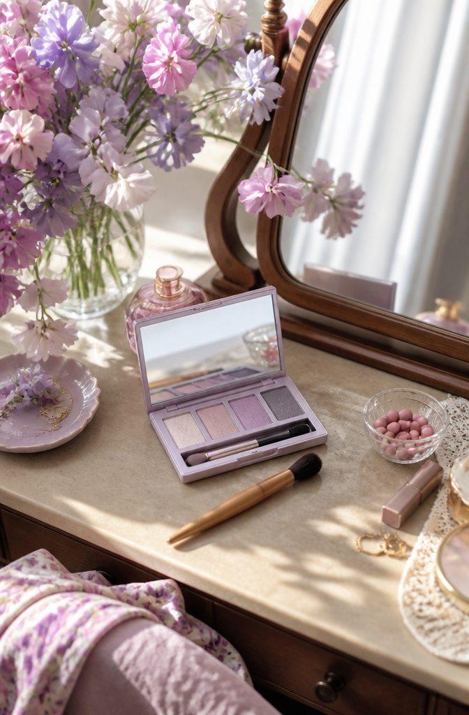 Model with soft petal purple eye makeup.