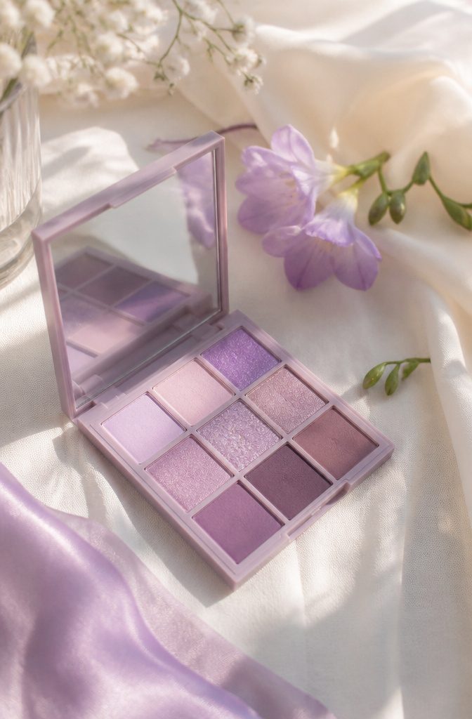 Model with pastel purple eye makeup.