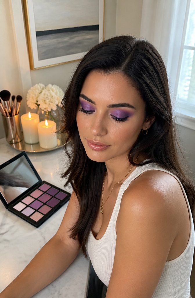 Model with symmetric purple eye makeup.