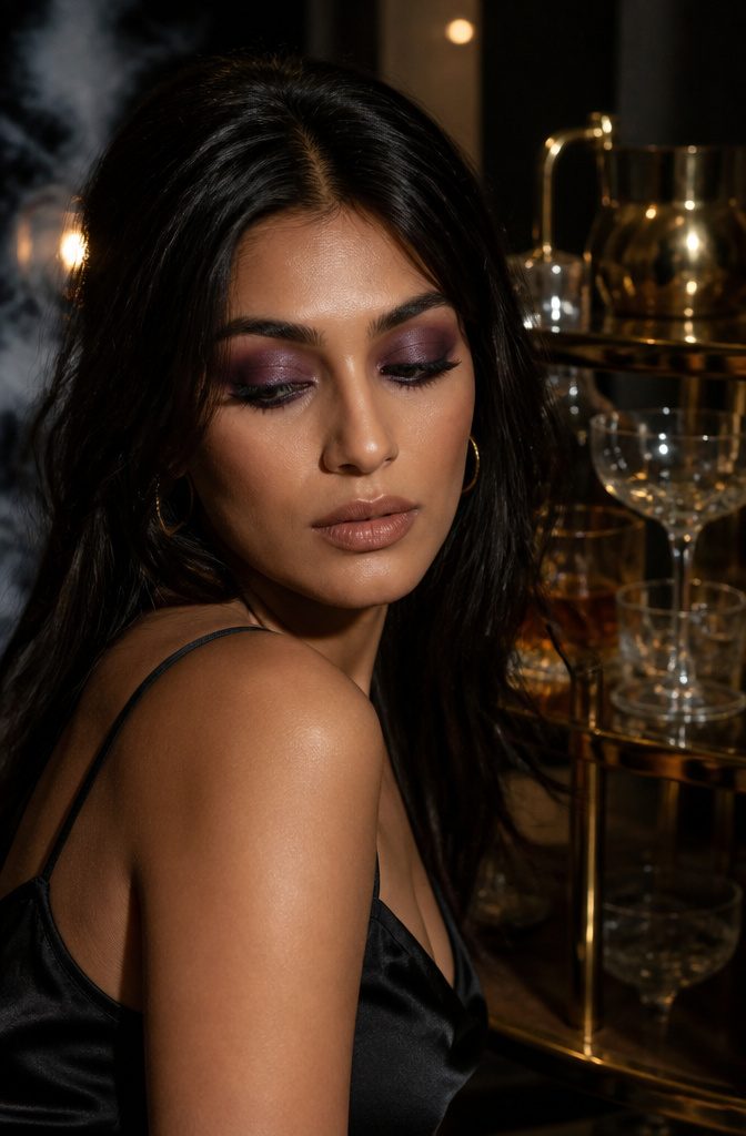 Model with a smoky purple eye makeup look.