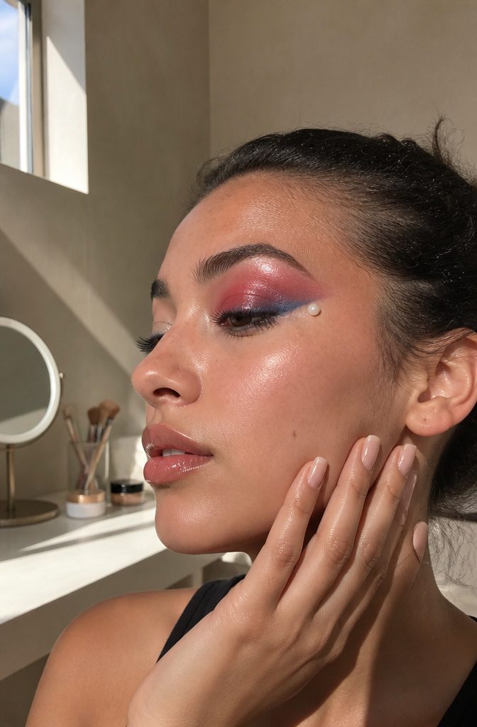 11 Simple Creative Makeup Looks for 2026 15 Model with a pearl at the temple and bold red-and-blue eyeshadow.