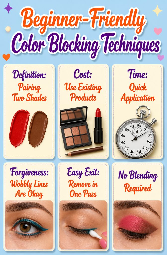 11 Simple Creative Makeup Looks for 2026 16 Demonstration of color blocking technique with unblended makeup shades.