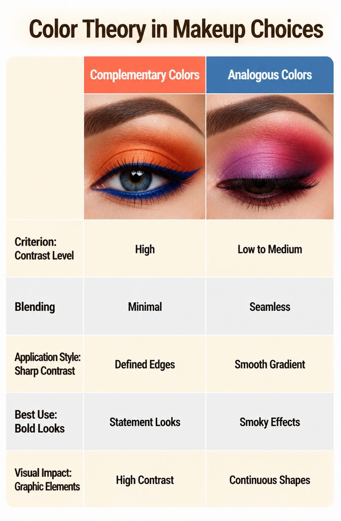 11 Simple Creative Makeup Looks for 2026 13 Color wheel showing complementary and analogous colors for makeup.