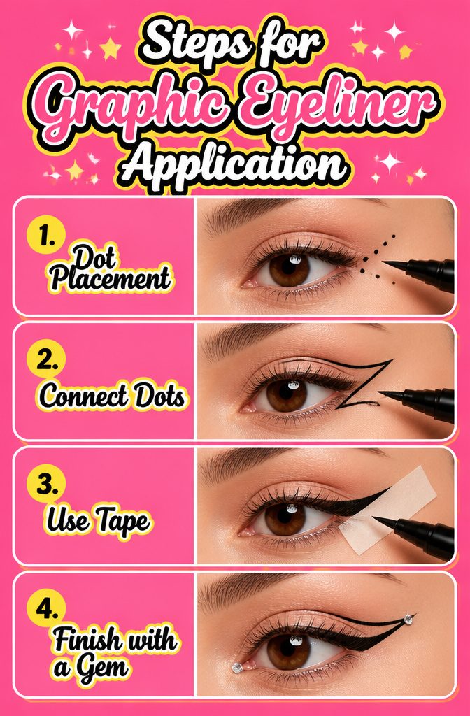 11 Simple Creative Makeup Looks for 2026 14 Diagram showing steps for applying graphic eyeliner.