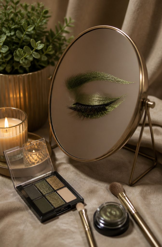 11 Simple Creative Makeup Looks for 2026 10 Model with shimmering green wings of eyeshadow above and below the eyelids.
