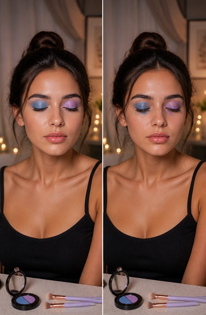 11 Simple Creative Makeup Looks for 2026 8 Model with matte blue on one eyelid and matte lilac on the other.
