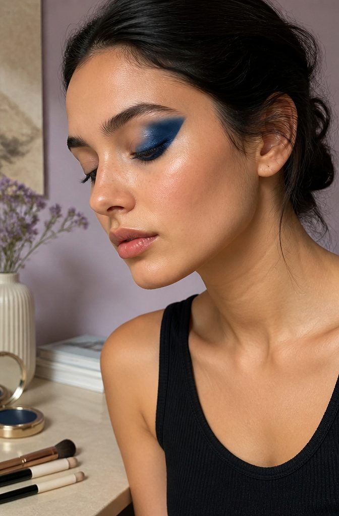 11 Simple Creative Makeup Looks for 2026 4 Model with dark blue half-moon eyeshadow applied to eyelids.