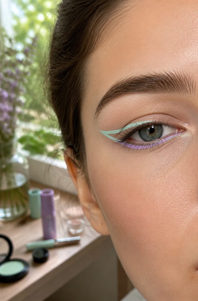 11 Simple Creative Makeup Looks for 2026 2 Model's eyes with mint and lavender pastel eyeliners in geometric shapes.