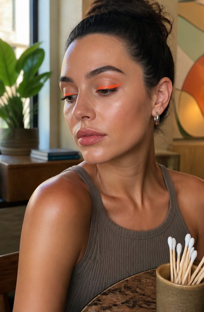 11 Simple Creative Makeup Looks for 2026 5 Model with bright neon orange eyeliner on eyelids.