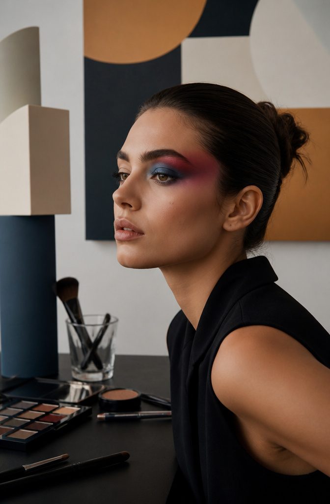 11 Simple Creative Makeup Looks for 2026 11 Model with dark blue and red eyeshadow extending to the temples.